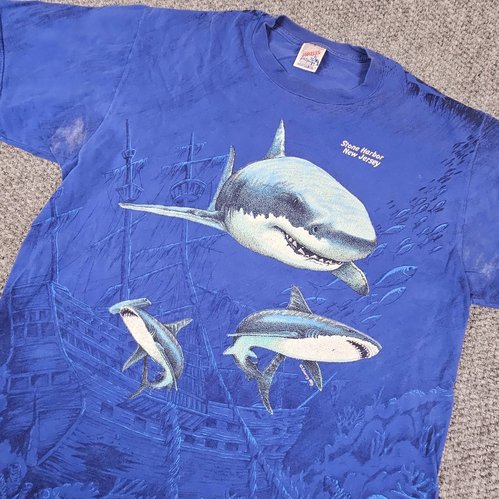 Vintage Jerzees Shark Shipwreck All Over Print Shirt Stone Harbor NJ Blue XL AOP